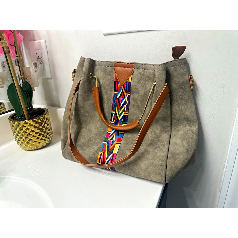 Gray Geometric Medium Tote Bag Faux Suede Top Handle Crossbody Gold Hardware